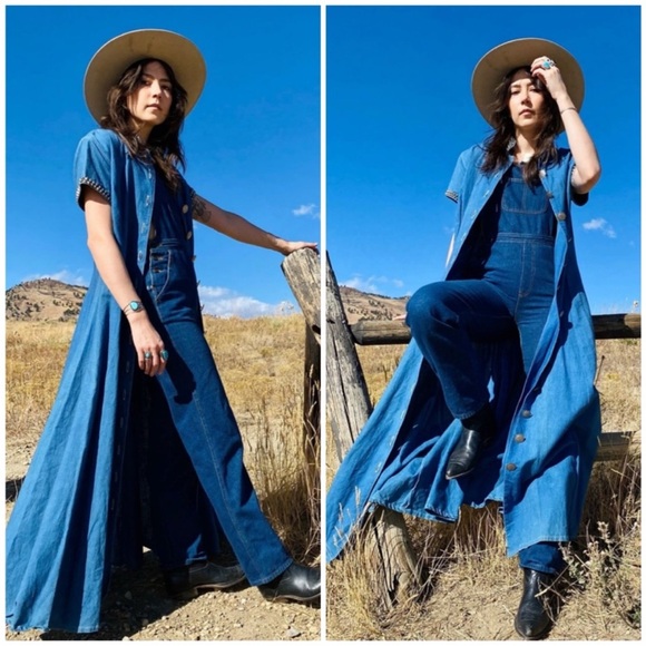 DOUBLE D RANCH Vintage Chambray Denim MaxiDress Duster Silver Concho Studs Sz S - Picture 3 of 13